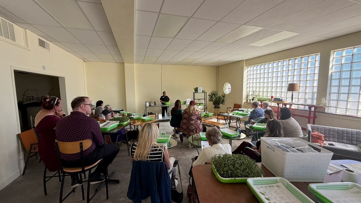 Brooke teaching a room of microgreens students, with growing trays arranged on their tables