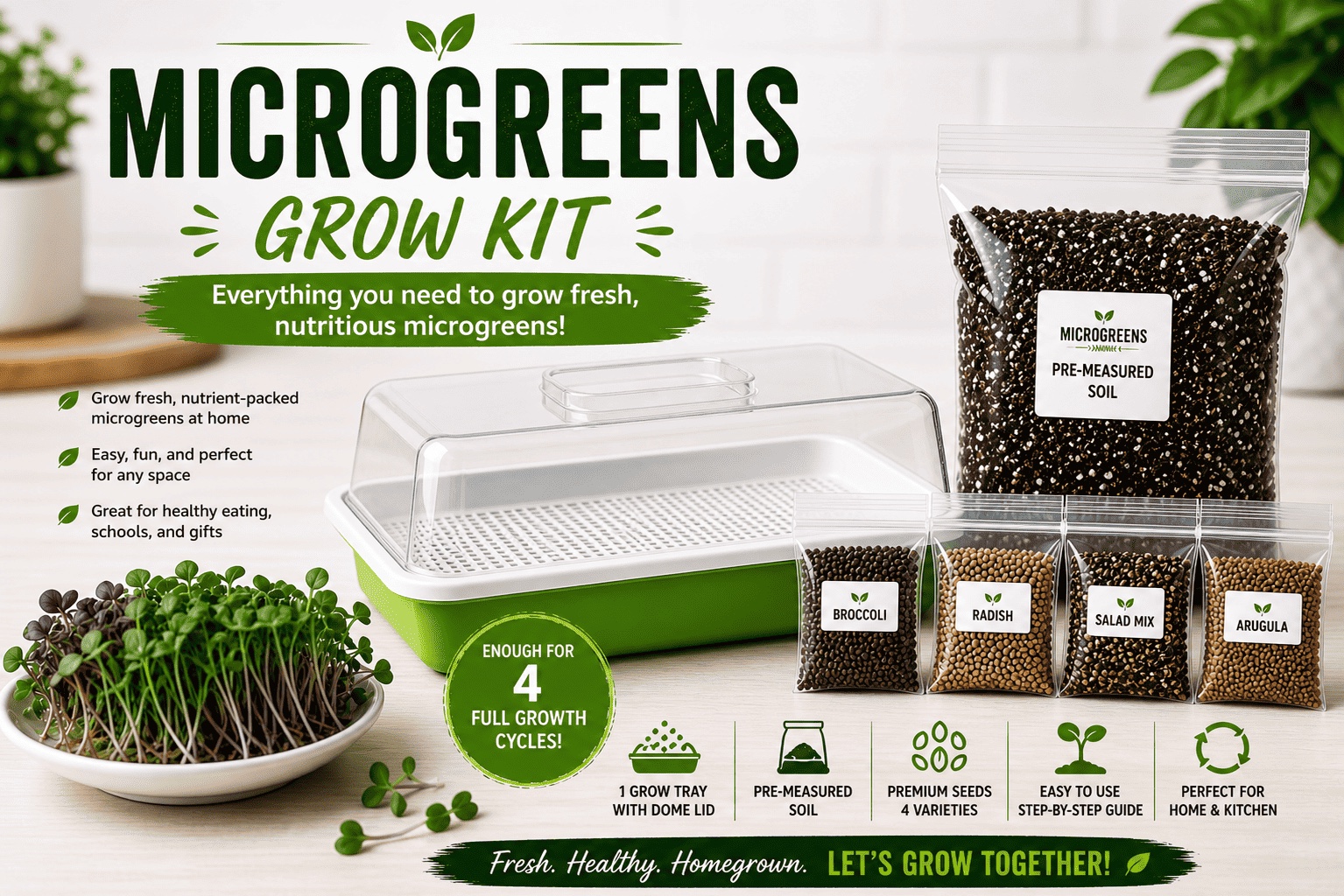 Microgreens grow kit illustration; pictured soil is not included