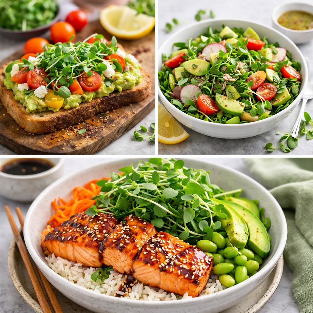 Multiple dishes showcasing microgreens in various restaurant applications