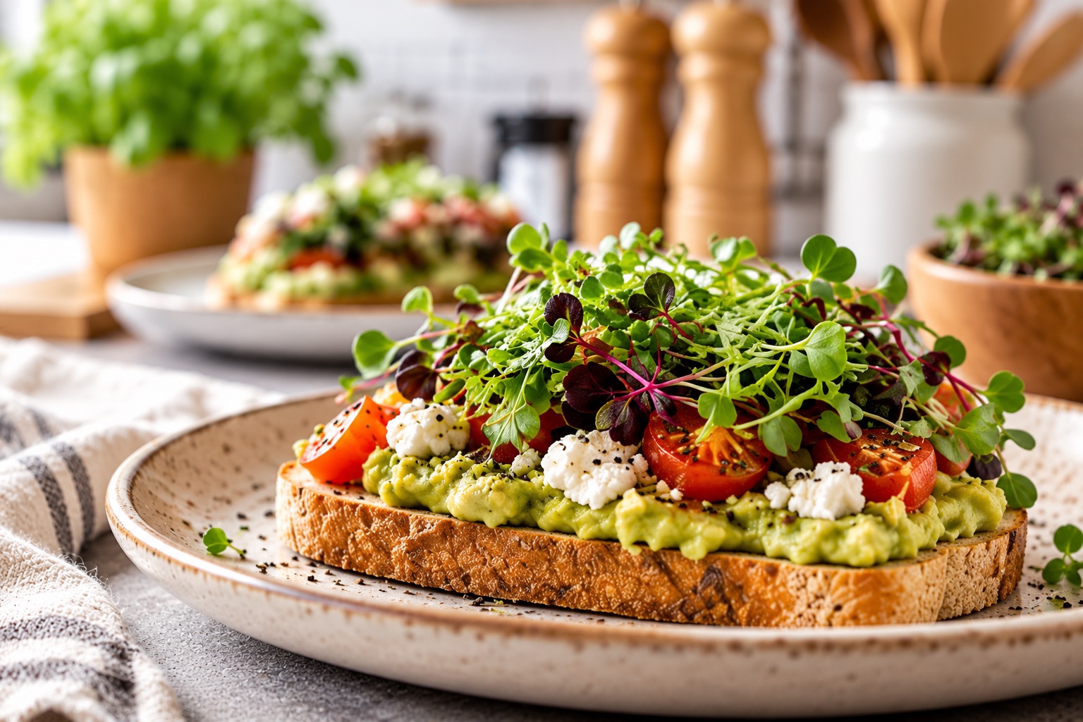 Avocado toast topped with fresh microgreens, tomatoes, and cheese in a home kitchen