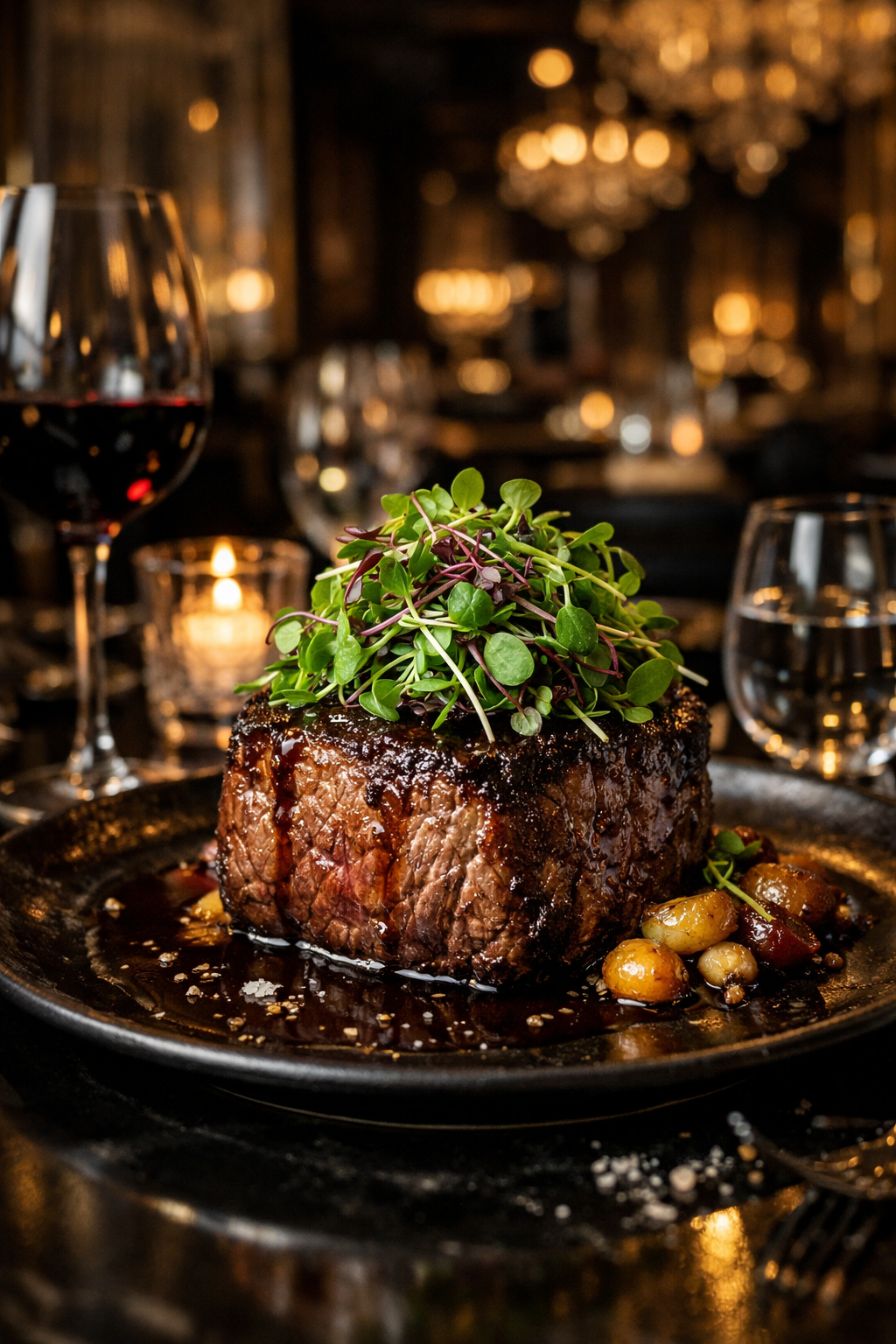 Seared filet topped with fresh microgreens at an upscale restaurant table
