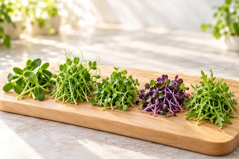 Five varieties of microgreens arranged side by side on a wooden tasting board